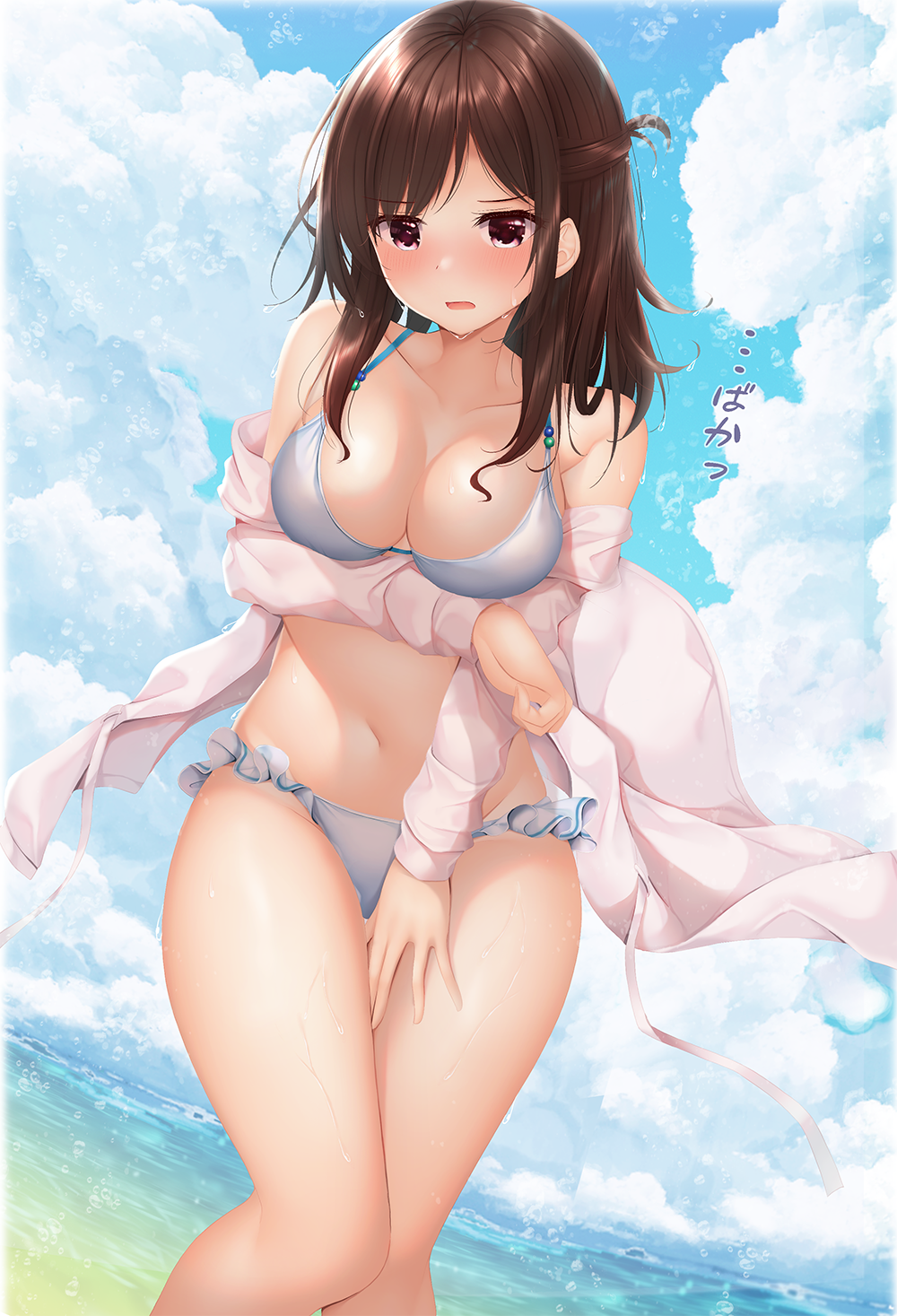 1girl, arm_under_breasts, bikini, blue_bikini, blush, breast_hold, breasts, brown_hair