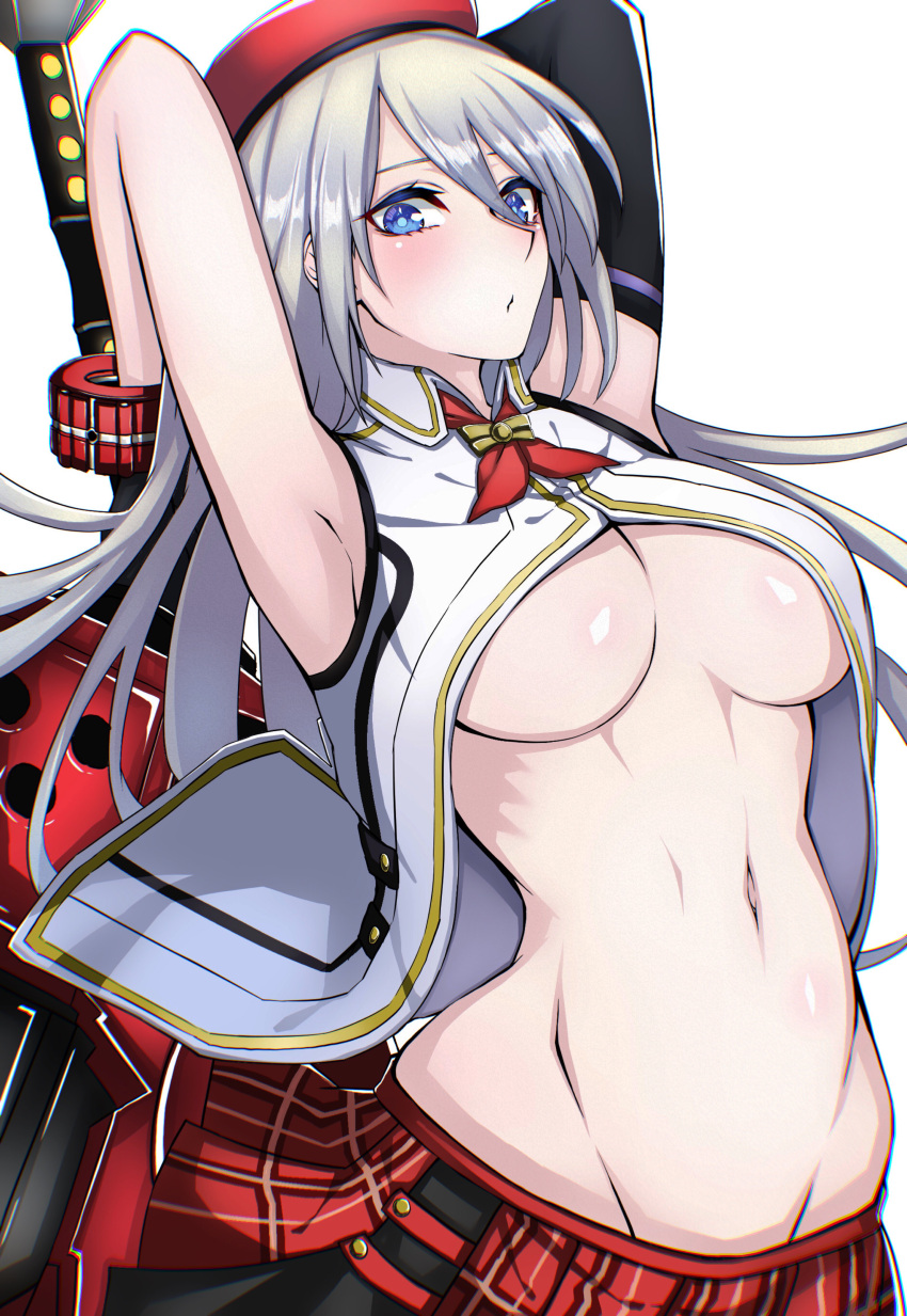 1girl, absurdres, alisa_ilinichina_amiella, armpits, arms_behind_head, arms_up, bangs, bare_shoulders, beret, blue_eyes, blush, bracer, breasts, closed_mouth, collared_shirt, commentary, cowboy_shot, elbow_gloves, eyebrows_behind_hair, gloves, god_eater, god_eater_2:_rage_burst, groin, hair_between_eyes, hat, highres, holding, holding_sword, holding_weapon, huge_weapon, kuraun_(crown), large_breasts, long_hair, looking_at_viewer, navel, neck_ribbon, partially_unbuttoned, plaid, plaid_skirt, pleated_skirt, red_headwear, red_neckwear, red_skirt, ribbon, shirt, sidelocks, silver_hair, simple_background, single_elbow_glove, skirt, sleeveless, sleeveless_shirt, solo, standing, stomach, sword, under_boob, weapon, white_background, white_shirt