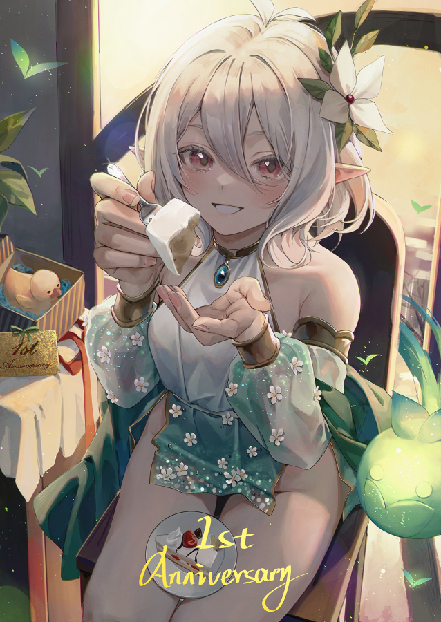 1girl, anniversary, antenna_hair, bangs, bare_shoulders, blush, breasts, cake, cake_slice, commentary, detached_sleeves, douya_(233), dress, elf, fingernails, flower, food, fork, from_above, gradient_dress, green_dress, grin, hair_between_eyes, hair_flower, hair_ornament, holding, holding_fork, incoming_food, kokkoro_(princess_connect!), long_sleeves, looking_at_viewer, medium_hair, on_chair, plate, pointy_ears, princess_connect!, red_eyes, silver_hair, sitting, small_breasts, smile, solo, symbol-only_commentary, white_dress, white_flower