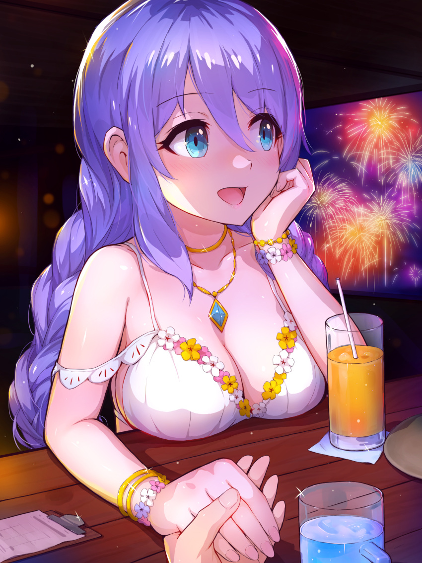 1girl, bikini, blue_eyes, blush, bracelet, braid, braided_ponytail, breasts, clipboard, collarbone, commentary_request, cup, drinking_glass, drinking_straw, eyebrows_visible_through_hair, fireworks, flower, glint, hair_between_eyes, highres, holding_hands, jewelry, large_breasts, long_hair, looking_to_the_side, open_mouth, out_of_frame, pendant, princess_connect!, purple_hair, shizuru_(princess_connect!), solo_focus, swimsuit, table, white_bikini, yako_noir
