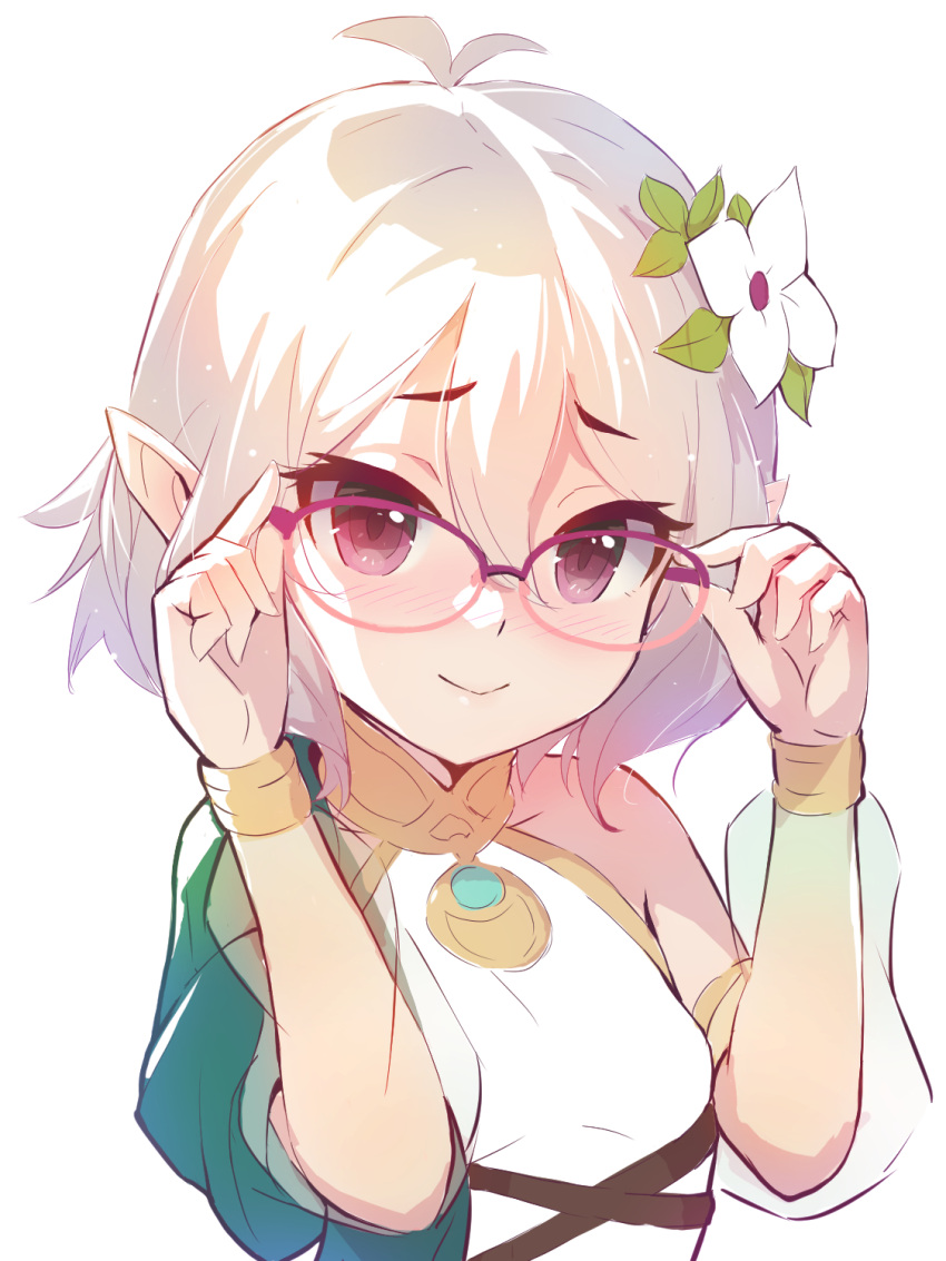 1girl, adjusting_eyewear, antenna_hair, bespectacled, blush, collared_dress, commentary_request, dress