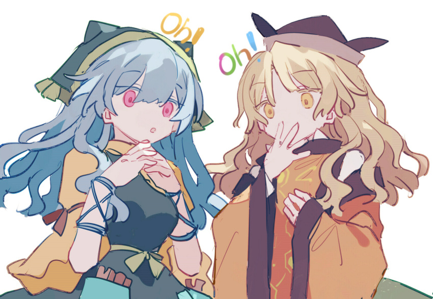 2girls, apron, arm_ribbon, bangs, belt, blonde_hair, blue_hair, blue_ribbon