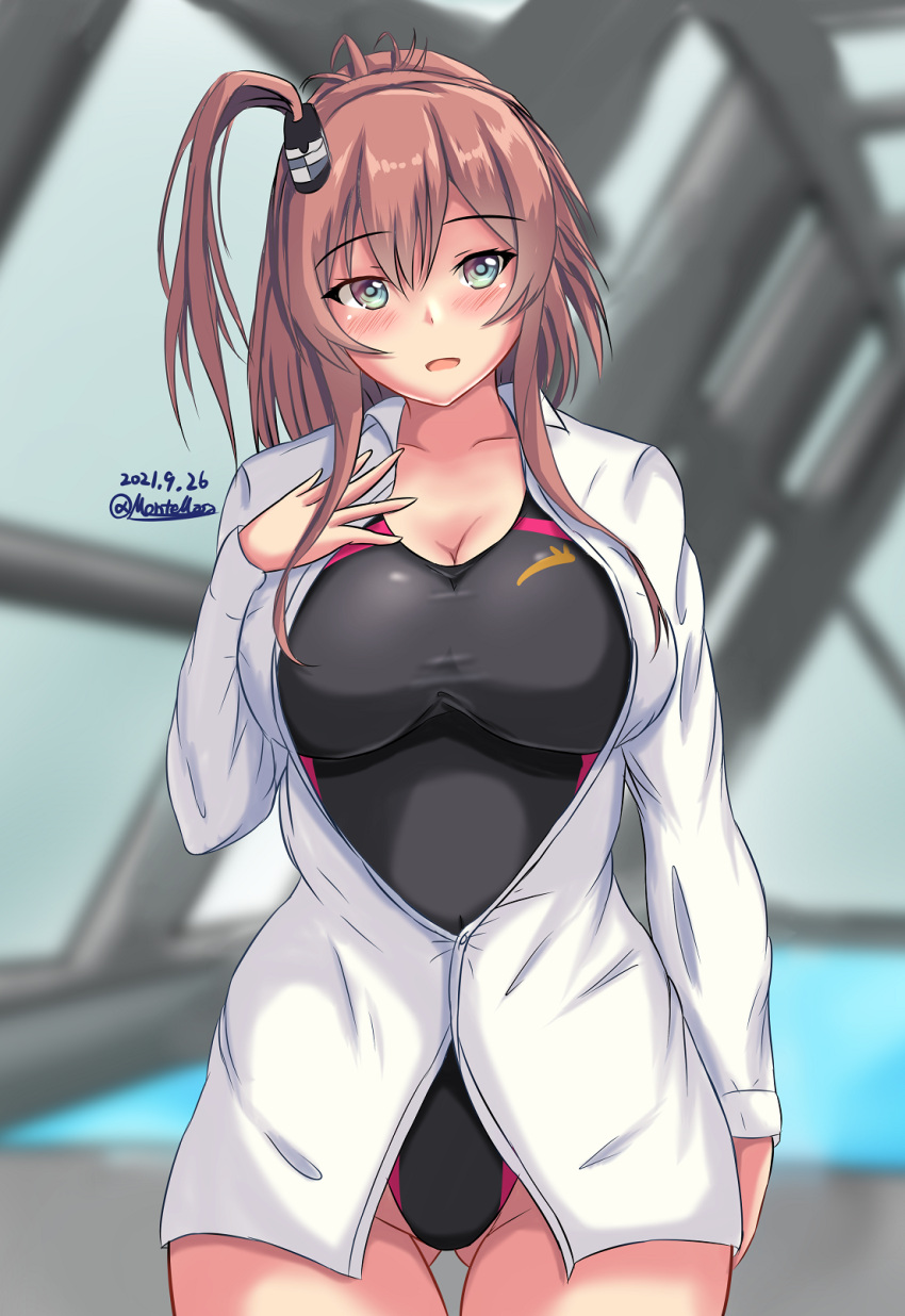 1girl, alternate_costume, black_swimsuit, blurry, blurry_background, breasts, brown_hair, collarbone