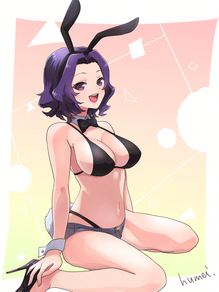 1girl, animal_ears, artist_name, bikini, black_bikini, black_neckwear, black_shorts, commentary_request, detached_collar, grand_blue, hair_intakes, hamaoka_azusa, kyou_fumei, looking_at_viewer, open_mouth, playboy_bunny, purple_hair, rabbit_ears, rabbit_tail, short_hair, short_shorts, shorts, sitting, solo, swimsuit, tail, upper_teeth, violet_eyes, wariza, wavy_hair, wrist_cuffs
