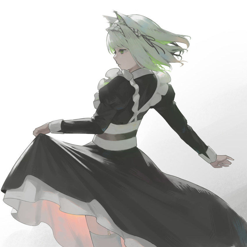 1girl, animal_ear_fluff, animal_ears, apron, arknights, black_dress, cat_ears, closed_mouth, clothes_lift, commentary, dress, from_behind, garter_straps, green_eyes, green_hair, grey_background, highres, juliet_sleeves, kal'tsit_(arknights), lifted_by_self, long_sleeves, maid, maid_apron, maid_headdress, medium_hair, profile, puffy_sleeves, skirt, skirt_lift, solo, thigh-highs, ts-ix, white_apron, white_background, white_legwear