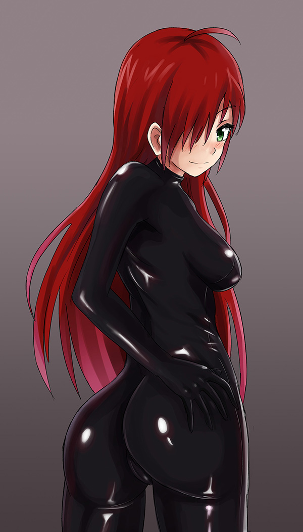 1girl, ahoge, ass, black_bodysuit, bodysuit, cowboy_shot, english_commentary, eyebrows_visible_through_hair