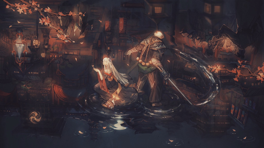 1boy, 1girl, architecture, armor, bare_shoulders, black_kimono, branch, building