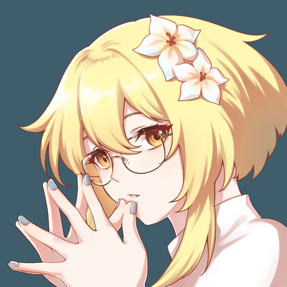 1girl, alternate_costume, bangs, bespectacled, blonde_hair, brill_p, casual, close-up, commentary_request, contemporary, eyebrows_visible_through_hair, flower, genshin_impact, glasses, hair_between_eyes, hair_flower, hair_ornament, hands_together, looking_at_viewer, lumine_(genshin_impact), parted_bangs, parted_lips, shirt, short_hair, short_hair_with_long_locks, sidelocks, solo, turtleneck, white_shirt, yellow_eyes