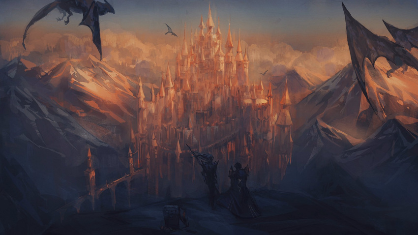 2boys, above_clouds, armor, aymeric_de_borel, bridge, city, clouds, dragon, dragoon_(final_fantasy), elezen, elf, estinien_wyrmblood, fantasy, final_fantasy, final_fantasy_xiv, flying, from_behind, grave, highres, horizon, lance, mountain, mountainous_horizon, multiple_boys, orange_sky, pauldrons, pointy_ears, polearm, scenery, shield, shoulder_armor, sky, spire, standing, sukiri, temple_knight_(final_fantasy_xiv), tombstone, tower, weapon