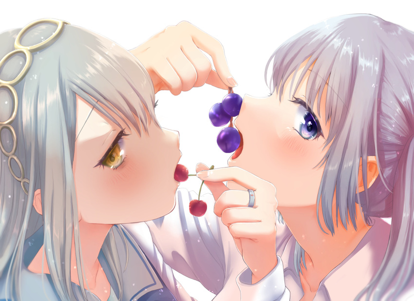 2girls, blue_hair, cherry, collar, eating, eyebrows_visible_through_hair, food, fruit