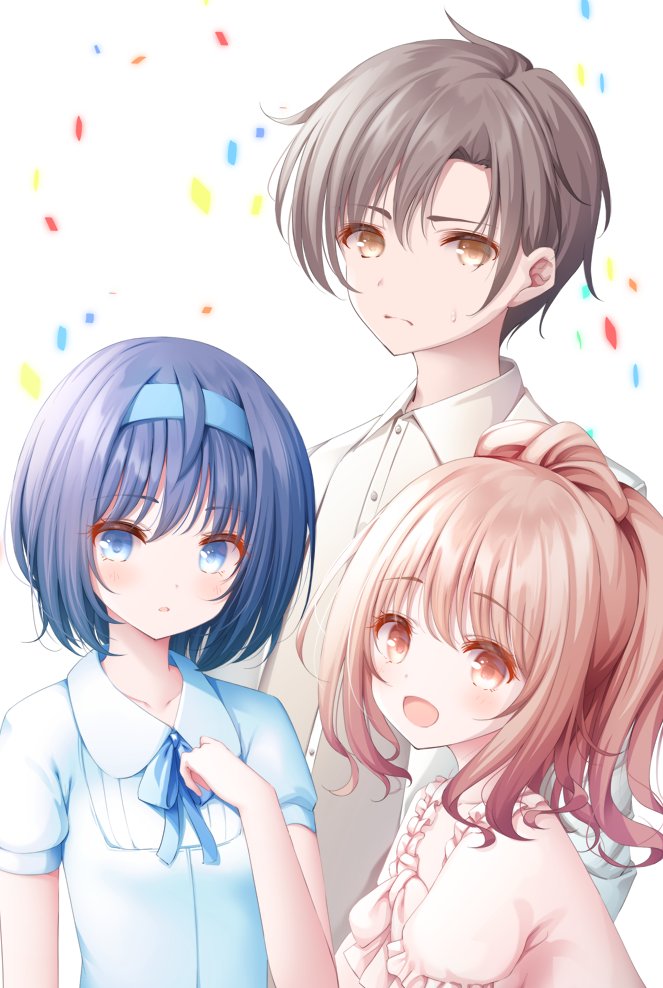 1boy, 2girls, blue_eyes, blue_hair, blue_neckwear, blue_ribbon, brown_eyes, cevio