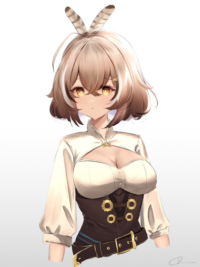 1girl, ahoge, alternate_hair_length, alternate_hairstyle, bangs, breasts, brown_hair, cleavage_cutout
