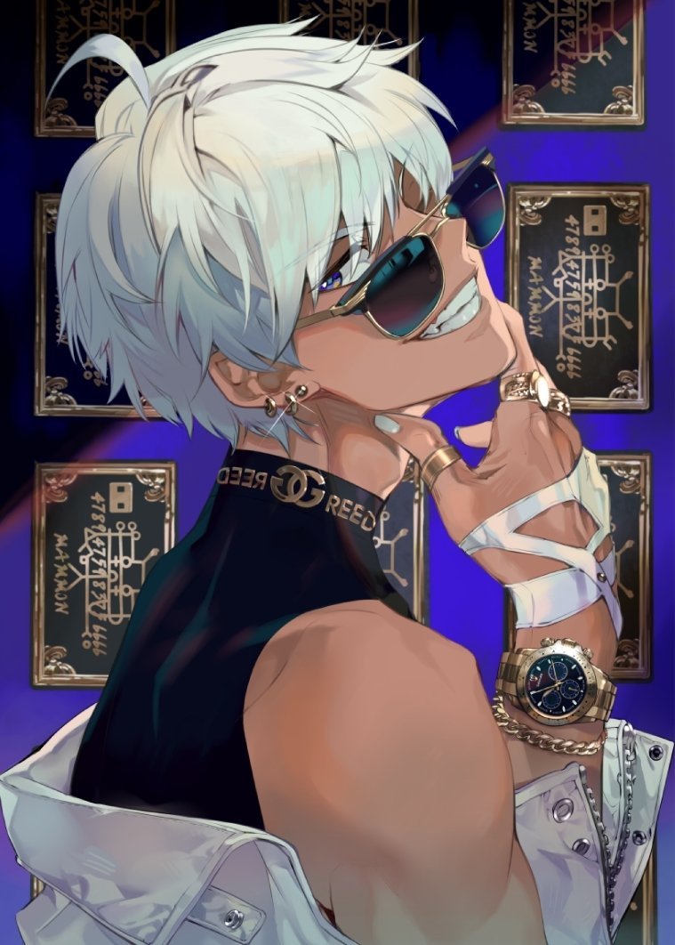 1boy, angye_fdez, black_tank_top, blue_eyes, dark-skinned_male, dark_skin, earrings, jacket, jacket_on_shoulders, jewelry, looking_at_viewer, male_focus, mammon_(obey_me!), multiple_earrings, multiple_rings, nail_polish, obey_me!:_one_master_to_rule_them_all!, ring, short_hair, smile, solo, sunglasses, tank_top, teeth, upper_body, watch, white_hair, white_jacket, white_nails, wristband
