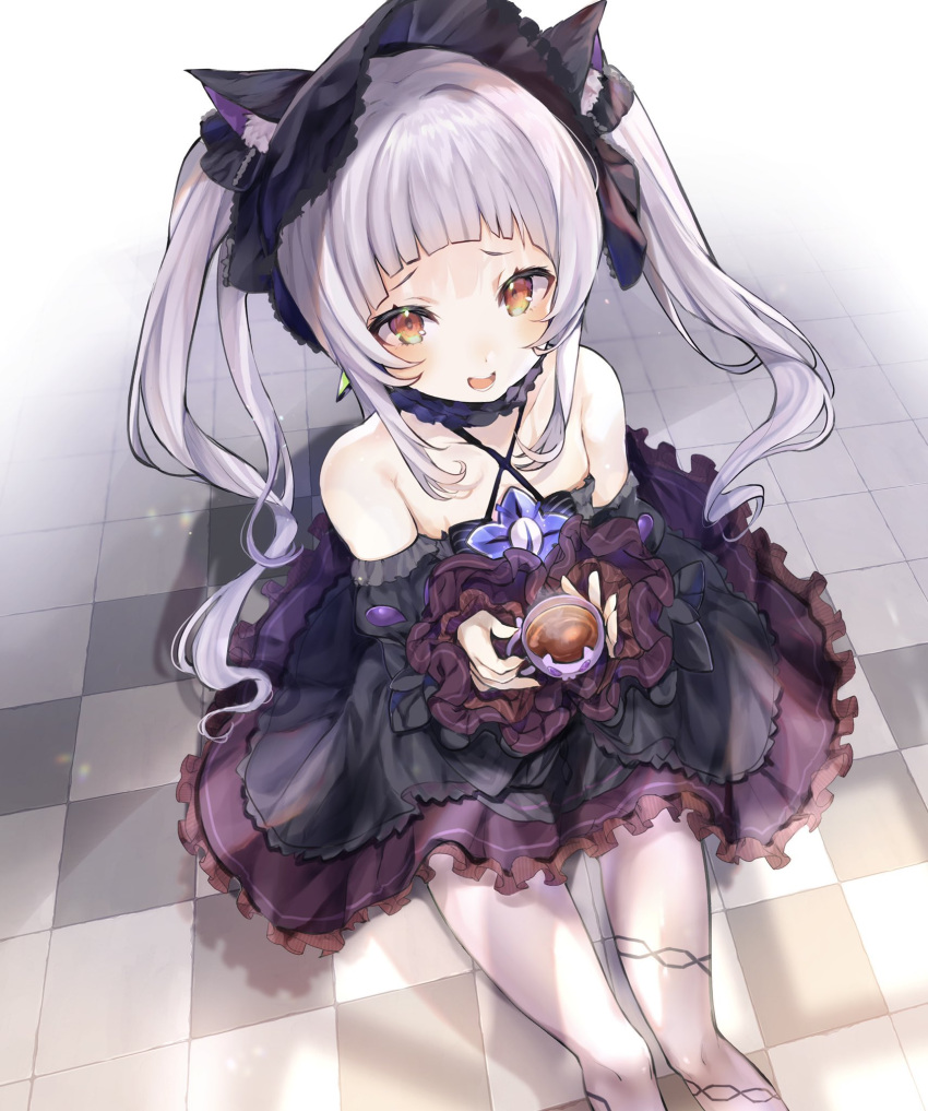 1girl, animal_ears, bare_shoulders, black_dress, blush, bonnet, cat_ears, checkered