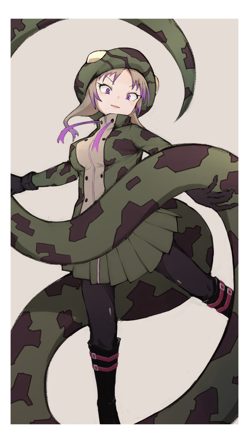 1girl, african_rock_python_(kemono_friends), alenka, black_footwear, black_legwear, blonde_hair, boots, drawstring