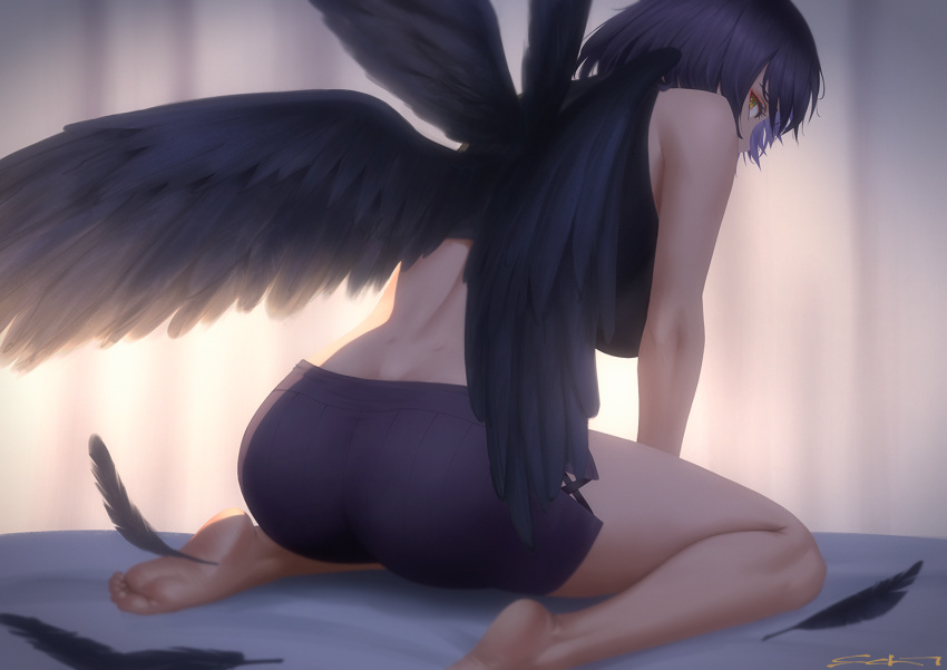 1girl, bare_arms, bare_shoulders, barefoot, bird_wings, black_hair, echt, feathers, feet, from_behind, genshin_impact, kujou_sara, looking_at_viewer, looking_back, short_hair, shorts, sleeveless, soles, solo, wings