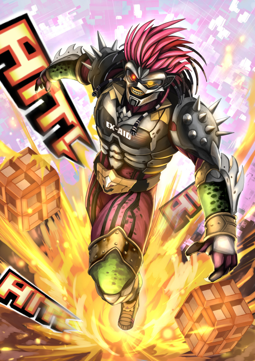 1boy, absurdres, another_ex-aid, another_rider_(zi-o), armor, claws, clenched_teeth, colored_skin