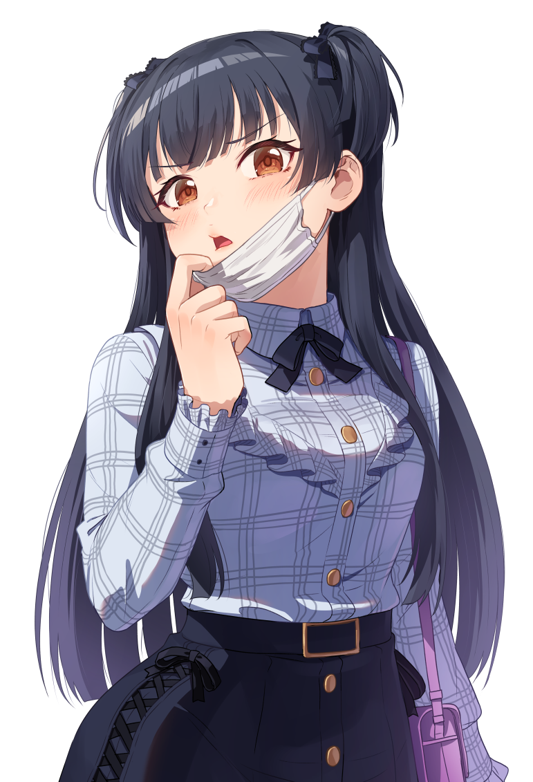 1girl, arm_up, bag, bangs, black_neckwear, black_ribbon, black_skirt, blunt_bangs
