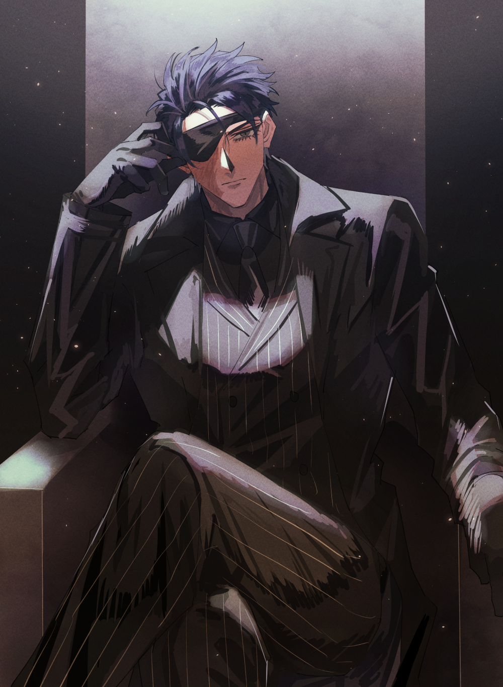 1boy, black_gloves, black_hair, black_pants, burn_scar, chair, crossed_legs, eyepatch