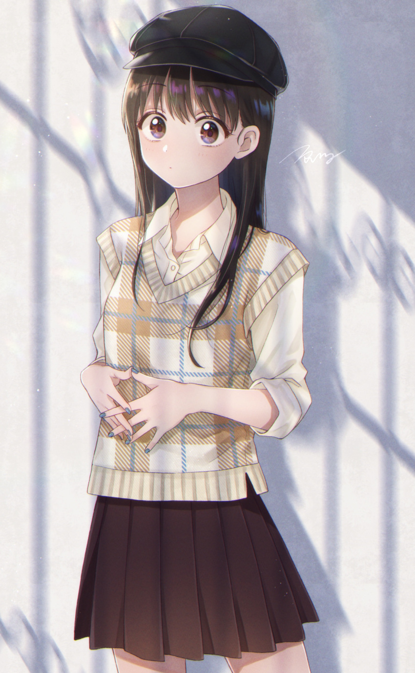1girl, bangs, black_headwear, blue_nails, brown_eyes, brown_skirt, collared_shirt, cowboy_shot