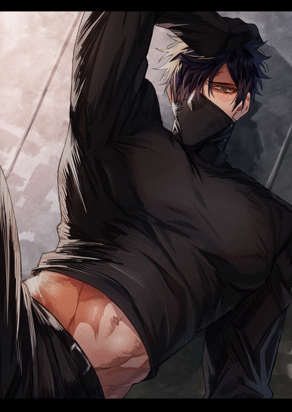 1boy, black_hair, black_pants, black_shirt, burn_scar, hair_over_one_eye, hand_on_own_head, highres