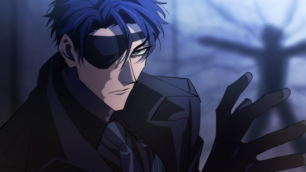 1boy, black_gloves, black_neckwear, blue_hair, blurry, blurry_background, burn_scar, eyepatch