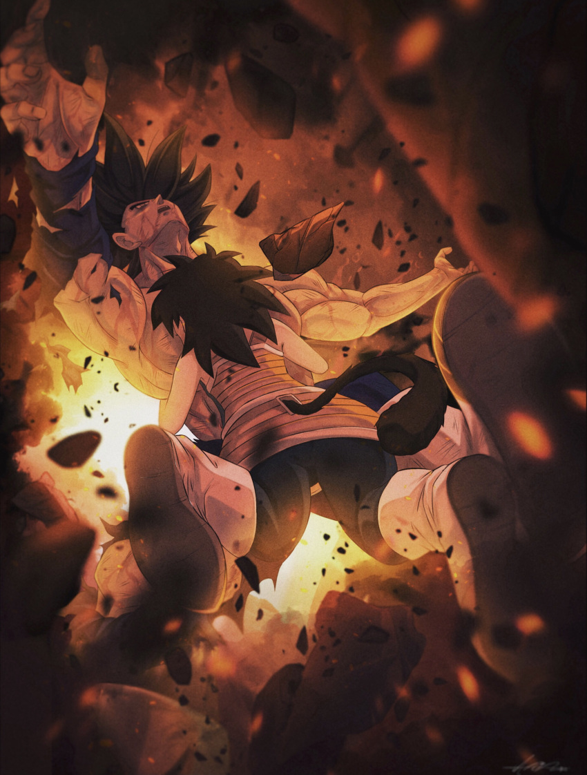 1boy, 1girl, absurdres, armor, bardock, bleeding, blood, bodysuit, broken, broken_armor, dragon_ball, dragon_ball_(classic), dragon_ball_minus, dragon_ball_super, dragon_ball_super_broly, energy, falling, floating, gine, highres, hug, incoming_attack, injury, monkey_tail, muscular, open_mouth, outstretched_arms, ryuunosuke_(ryunosuke_625), saiyan, saiyan_armor, tail, torn_bodysuit, torn_clothes