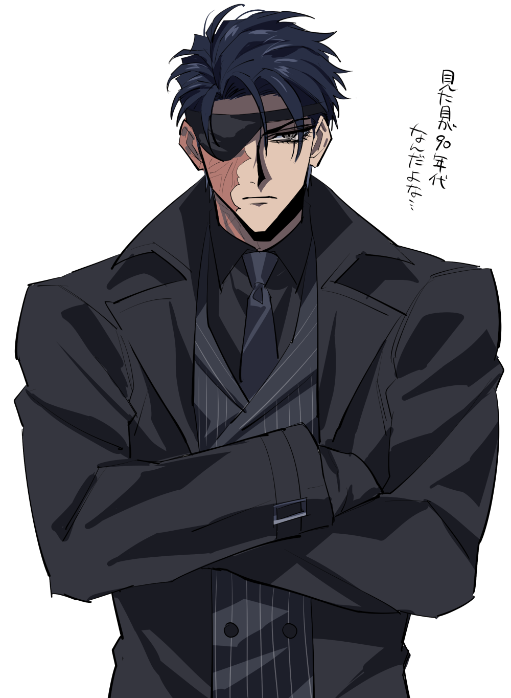 1boy, black_hair, black_neckwear, black_suit, black_vest, burn_scar, crossed_arms, eyepatch, formal, highres, looking_at_viewer, necktie, original, scar, scar_on_face, simple_background, solo, suit, tenten_raisaka, vest, white_background