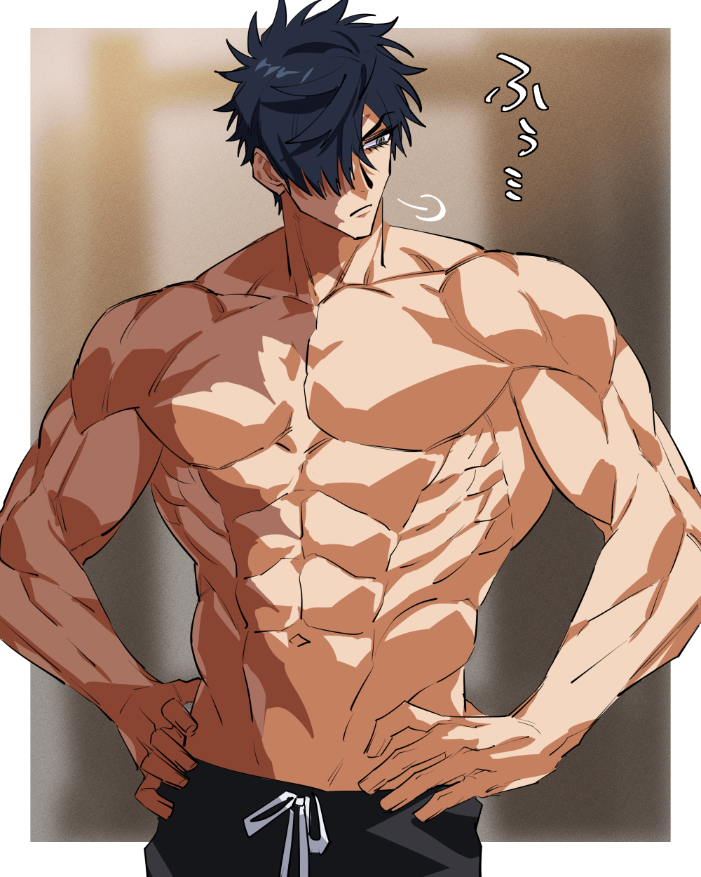 1boy, abs, black_hair, black_shorts, blurry, blurry_background, burn_scar, hair_over_one_eye