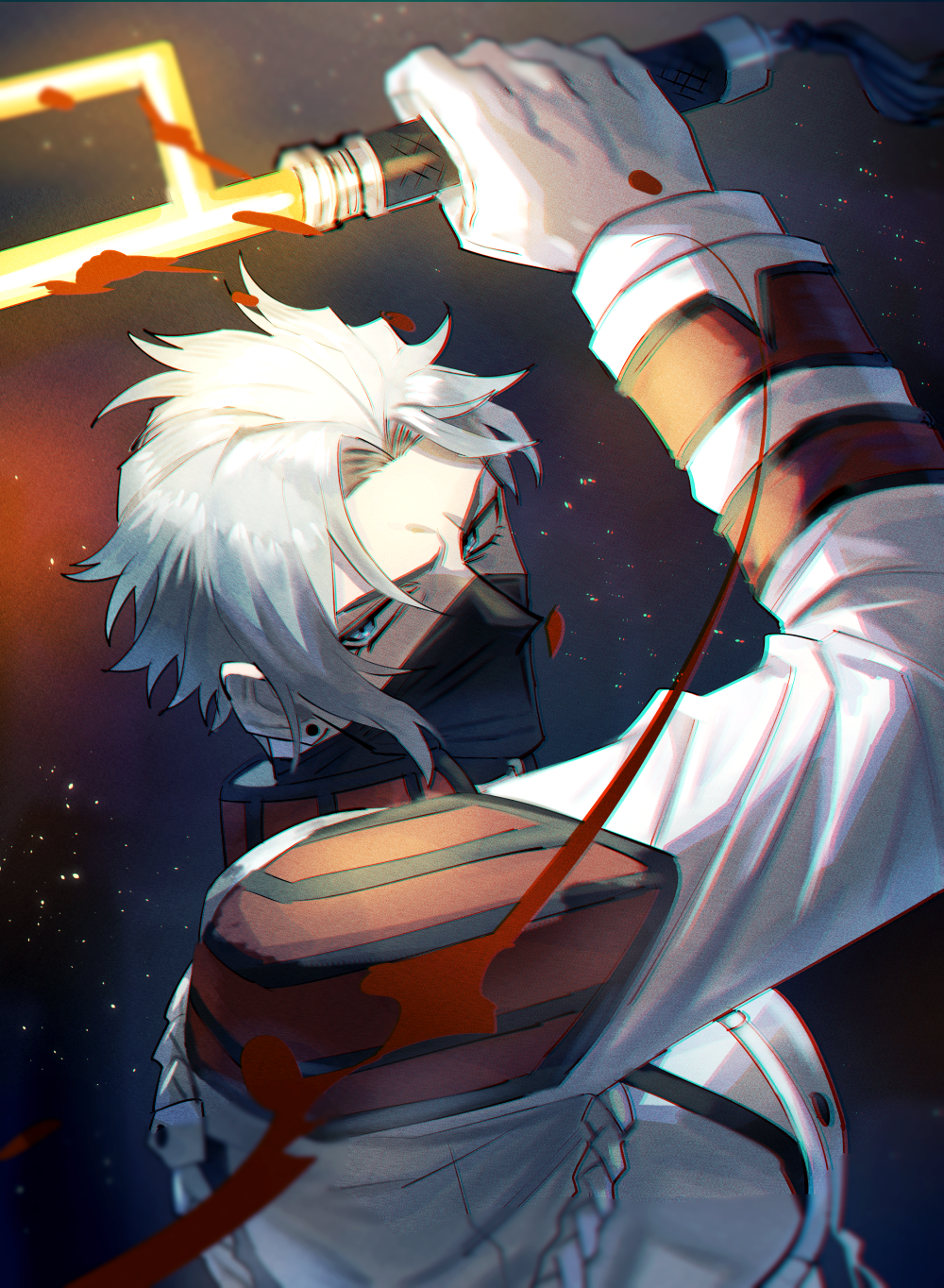 1boy, akudama_drive, blood, blue_eyes, earrings, gloves, hand_up, highres