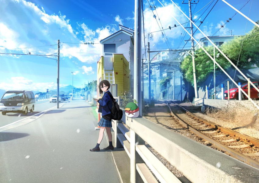 1girl, backpack, bag, bird, black_eyes, black_footwear, black_hair, blue_jacket, blue_legwear, blue_skirt, building, car, cellphone, clouds, day, duck, fence, ground_vehicle, hair_between_eyes, holding, holding_phone, jacket, kamakura_(city), looking_at_viewer, medium_hair, motor_vehicle, original, outdoors, phone, plaid, plaid_skirt, railroad_tracks, real_world_location, road, sakeharasu, scenery, skirt, sky, smartphone, solo, standing, street, utility_pole