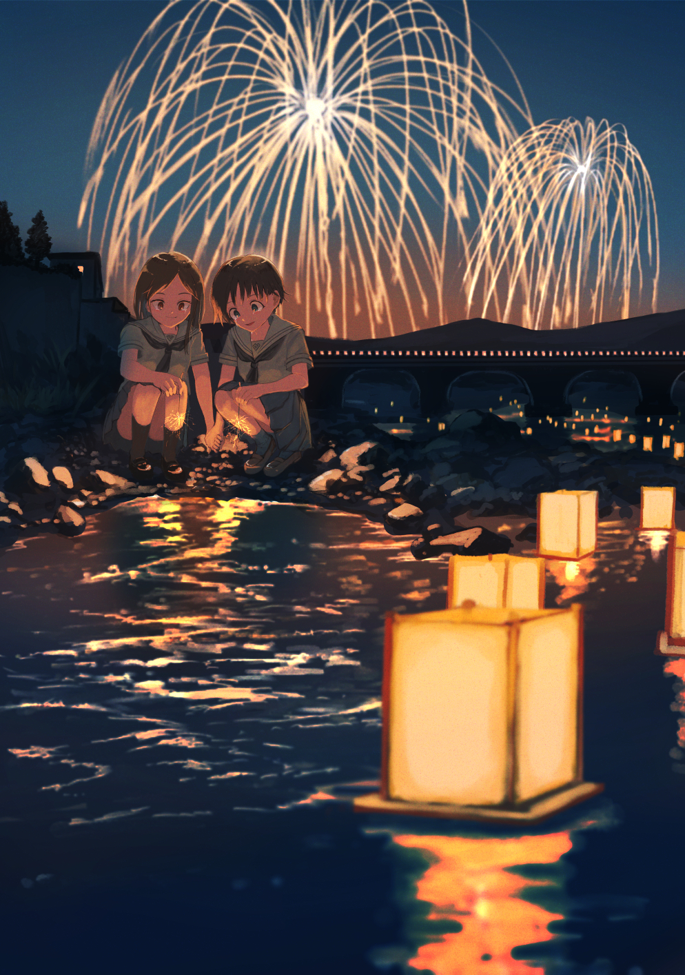 2girls, black_eyes, black_hair, blurry, bridge, dark, depth_of_field, fireworks