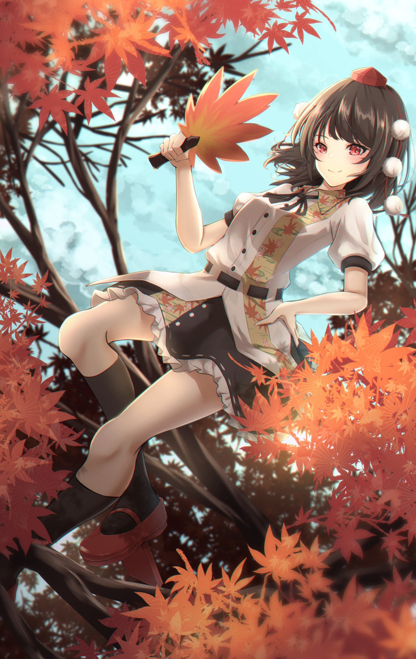 1girl, autumn_leaves, bangs, belt, black_belt, black_legwear, black_necwear, black_ribbon, black_skirt, blush, branch, breasts, brown_hair, collared_shirt, commentary_request, fall_(5754478), frilled_skirt, frills, geta, hand_on_hip, hauchiwa, highres, in_tree, leaf-pattern_stripe, leaf_print, long_hair, medium_breasts, no_wings, pom_pom_(clothes), puffy_short_sleeves, puffy_sleeves, red_eyes, red_footwear, ribbon, ribbon-trimmed_skirt, ribbon_trim, shameimaru_aya, shirt, short_hair, short_sleeves, sitting, sitting_in_tree, skirt, smile, solo, tengu-geta, touhou, tree, white_shirt, wing_collar