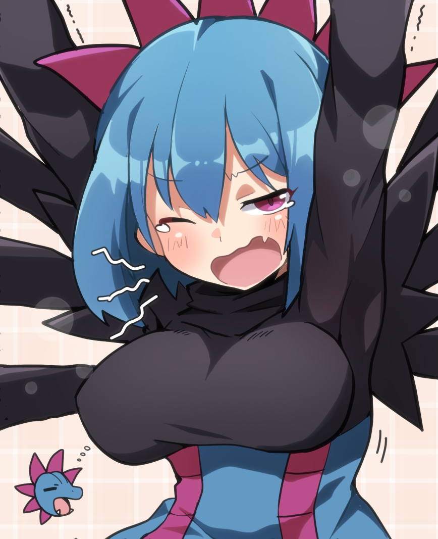 1girl, arms_up, bangs, blue_hair, blush, breasts, bubble, commentary_request, eyebrows_visible_through_hair, fang, hair_between_eyes, hydreigon, looking_at_viewer, maks_(makusu_210), one_eye_closed, open_mouth, personification, pokemon, tearing_up, tongue, trembling, upper_body, violet_eyes, yawning