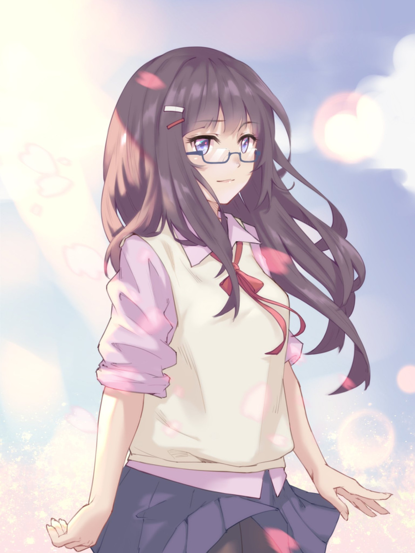 1girl, arms_at_sides, black_legwear, blue-framed_eyewear, blue_skirt, brown_hair, closed_mouth, cowboy_shot