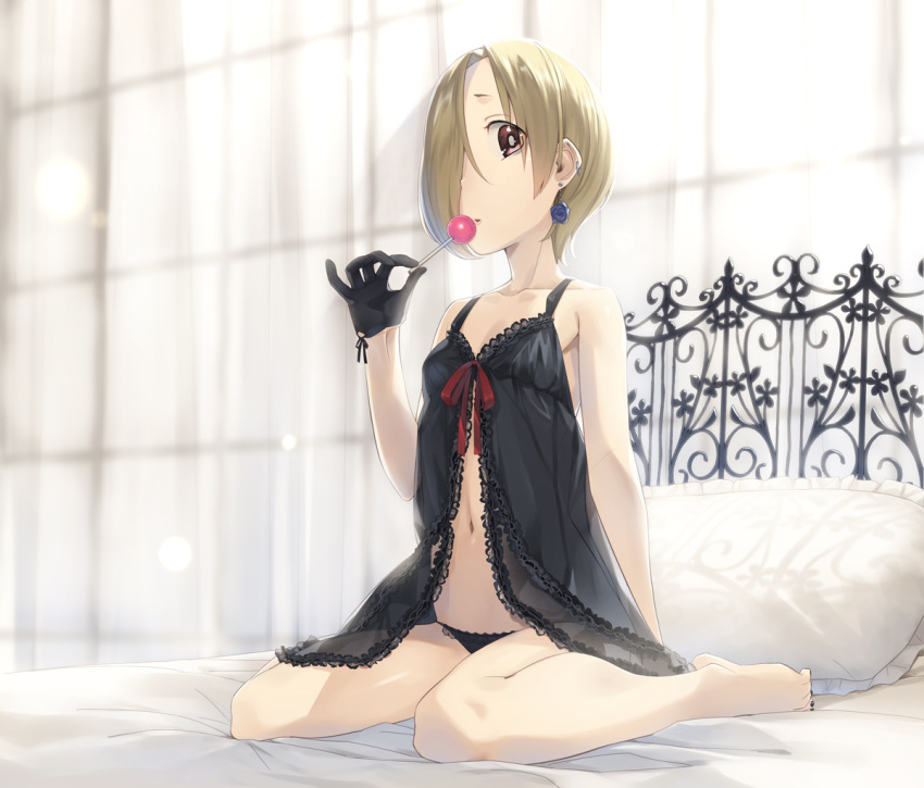 1girl, babydoll, bed, black_gloves, black_panties, blonde_hair, candy, curtains