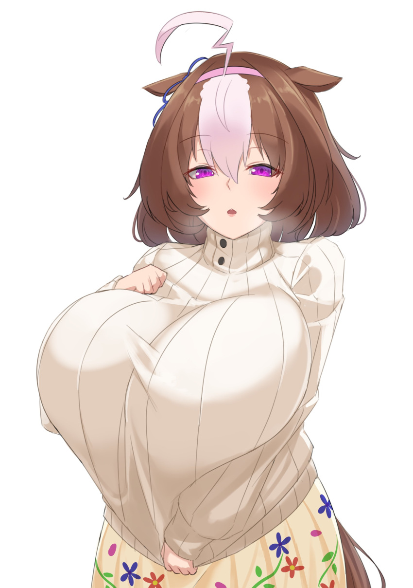 1girl, absurdres, ahoge, alternate_breast_size, animal_ears, bangs, beige_sweater, blue_ribbon, blush, breasts, brown_hair, chestnut_mouth, clothes_tug, ear_ribbon, eyebrows_visible_through_hair, floral_print, hair_between_eyes, hairband, half-closed_eyes, hand_on_own_chest, heavy_breathing, highres, horse_ears, horse_girl, horse_tail, huge_breasts, leginfs_(ppppriver), long_sleeves, looking_at_viewer, medium_hair, meisho_doto_(umamusume), multicolored_hair, parted_lips, pink_hairband, ribbed_sweater, ribbon, simple_background, skirt, solo, streaked_hair, sweater, sweater_tug, tail, turtleneck, turtleneck_sweater, umamusume, upper_body, violet_eyes, white_background, white_hair, yellow_skirt