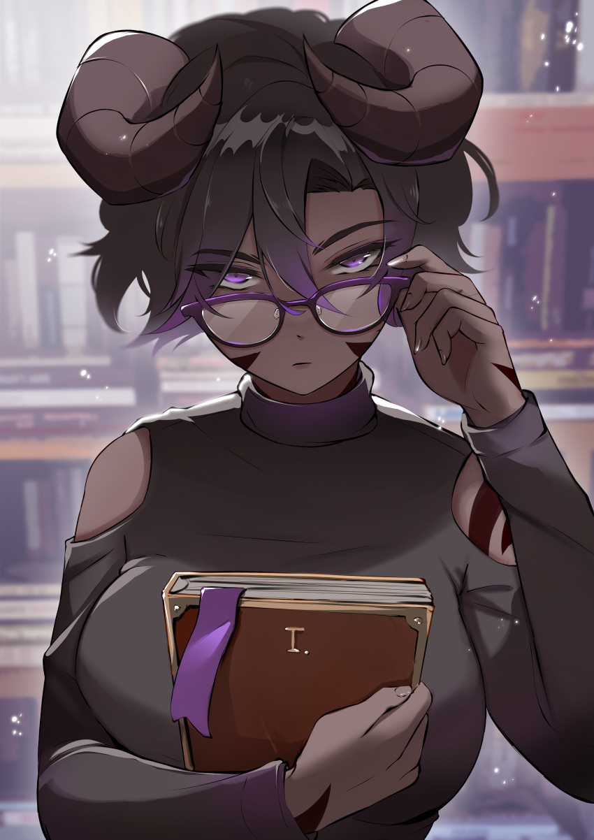 1girl, absurdres, black_hair, black_shirt, book, bookshelf, breasts, closed_mouth, clothing_cutout, commentary_request, dark-skinned_female, dark_skin, elfboiii, eyebrows_visible_through_hair, eyes_visible_through_hair, facial_mark, glasses, hand_up, highres, holding, holding_book, horns, large_breasts, light_particles, long_sleeves, looking_at_viewer, looking_over_eyewear, multicolored_hair, original, purple_hair, shirt, short_hair, shoulder_cutout, solo, streaked_hair, upper_body, violet_eyes