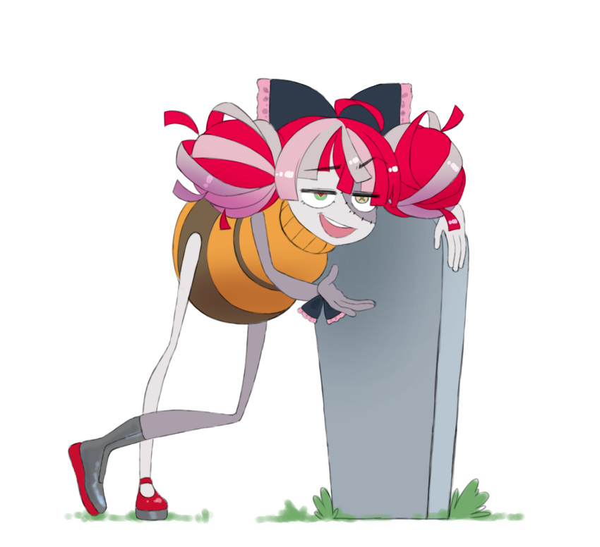 1girl, :d, arthropod_girl, asymmetrical_footwear, bee_girl, bee_movie, black_bow, boots, bow, brown_sweater, colored_skin, double_bun, ernestitor, eyebrows_visible_through_hair, frilled_bow, frills, grass, green_eyes, grey_footwear, grey_hair, grey_skin, hair_bow, highres, hololive, hololive_indonesia, kureiji_ollie, leaning_on_object, mary_janes, mismatched_footwear, multicolored_hair, open_mouth, parody, pink_hair, red_footwear, redhead, shoes, simple_background, smile, smug, stitched_face, stitches, sweater, symbol-shaped_pupils, tombstone, turtleneck, white_background, yellow_eyes, yellow_sweater, zombie