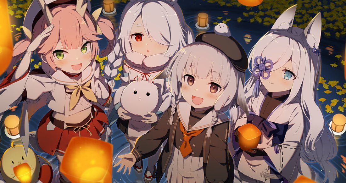 4girls, animal_ears, azur_lane, blue_eyes, braid, commentary_request, gotyou, hair_over_one_eye