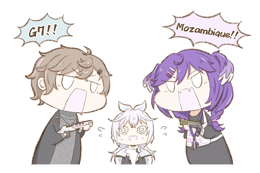 1boy, 2girls, apex_legends, arguing, bangs, black_jacket, black_sweater, braid