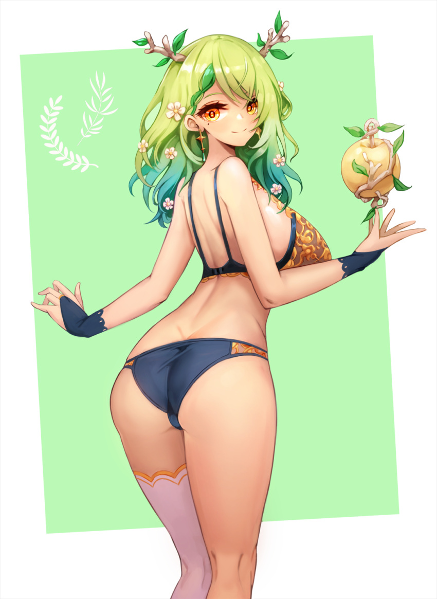 1girl, antlers, apple, ass, asymmetrical_legwear, bra, branch, breasts