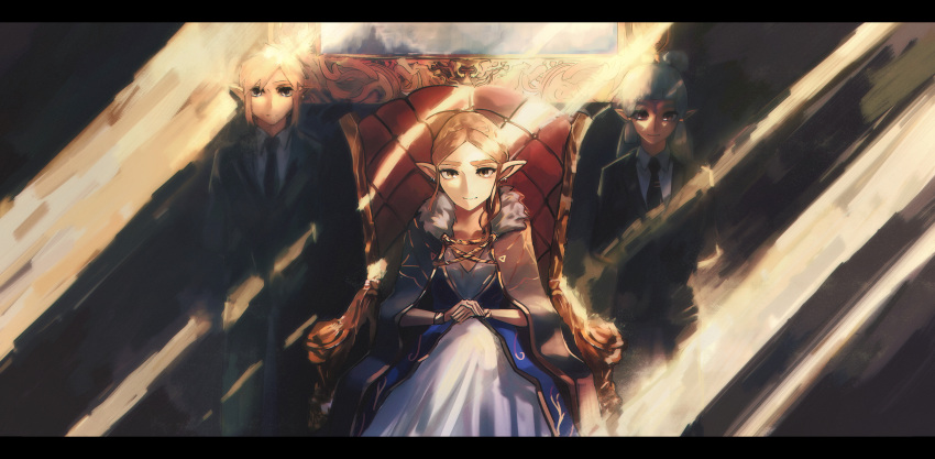 1boy, 2girls, absurdres, armchair, arms_behind_back, chair, facial_mark, forehead_mark