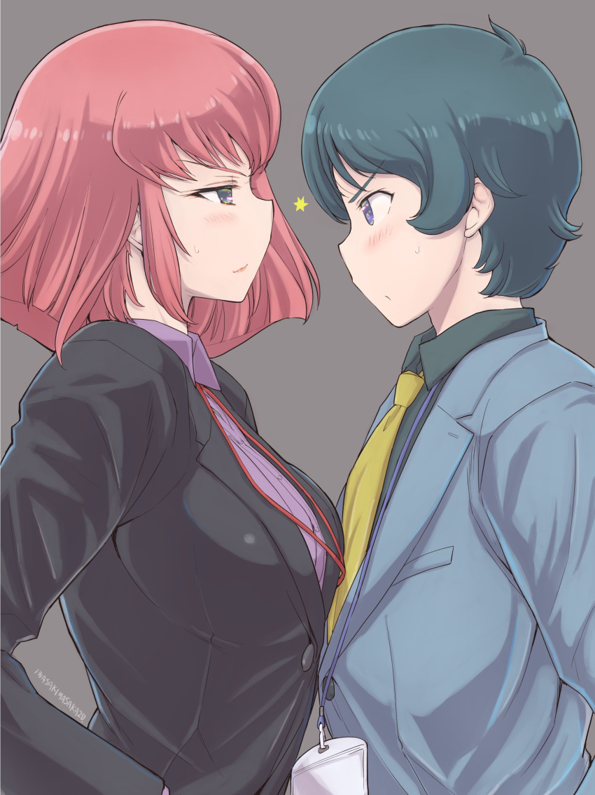 1boy, 1girl, absurdres, arasa_ol_haman-sama, black_jacket, blue_jacket, blue_shirt, blush