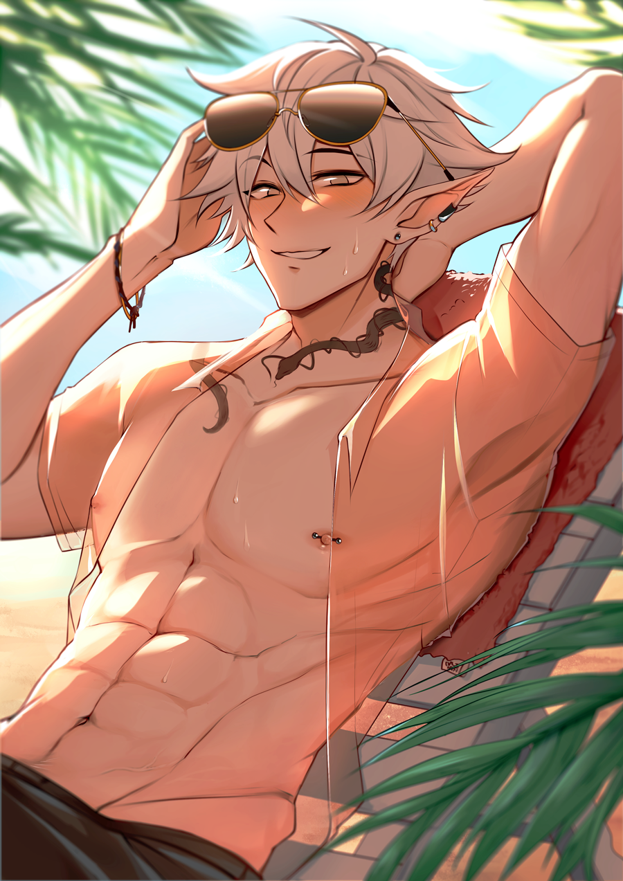 1boy, abs, beach, beach_chair, blurry, blurry_background, blush, bracelet