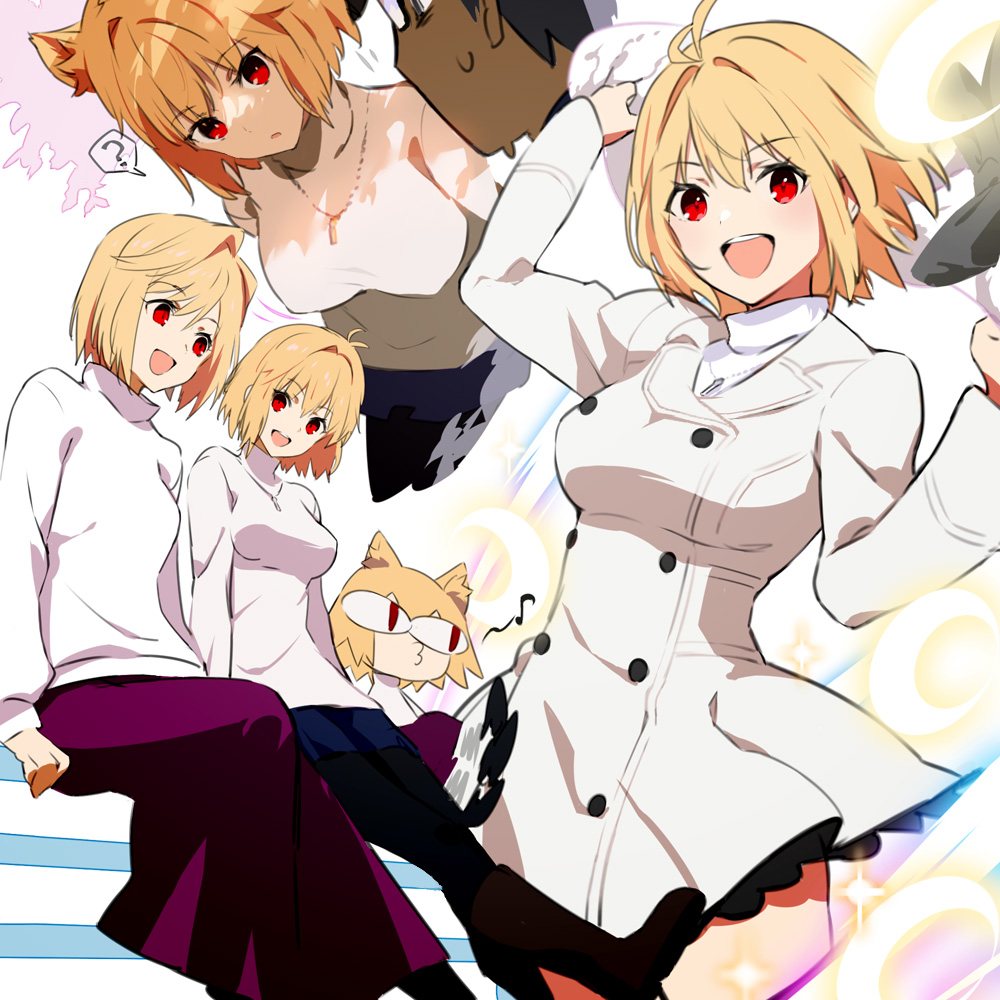 1boy, 1girl, :d, ?, arcueid_brunestud, blonde_hair, blue_pants, boots