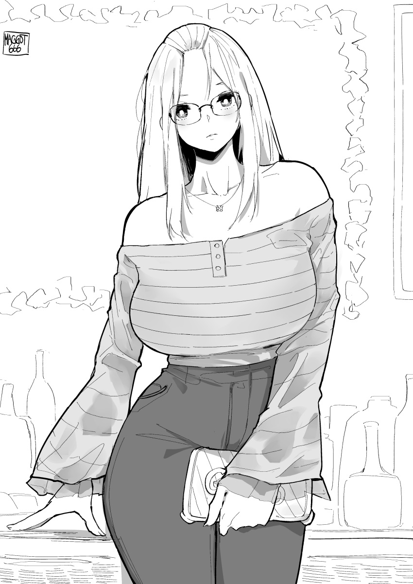 1girl, absurdres, bag, bangs_pinned_back, bare_shoulders, bottle, breasts, curvy