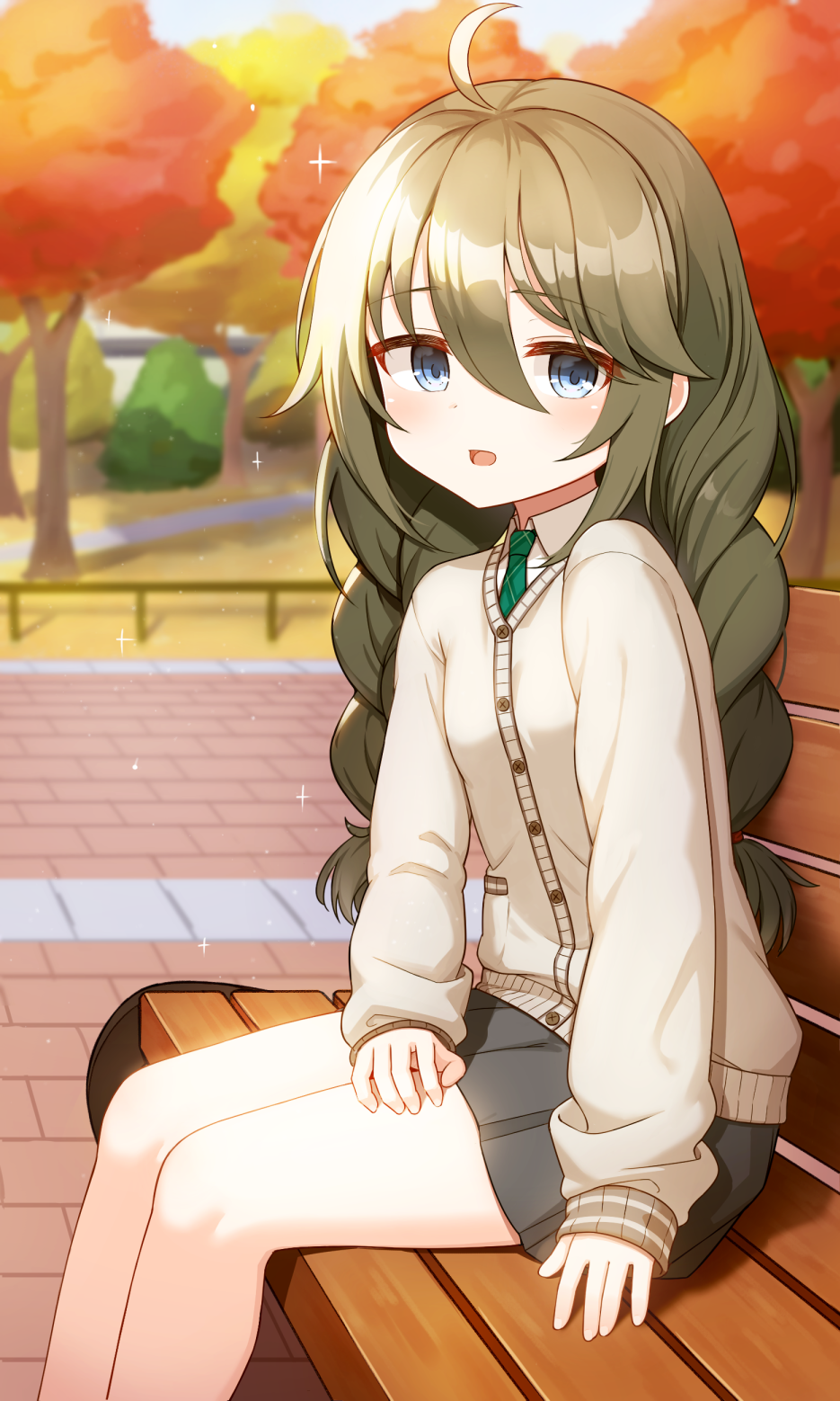 1girl, ahoge, autumn_leaves, bangs, banned_artist, bench, black_skirt, blue_eyes