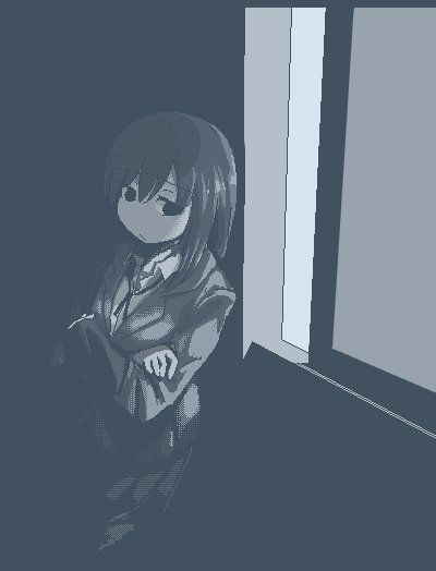 1girl, against_wall, blazer, closed_mouth, collared_shirt, crossed_arms, dark, dithering