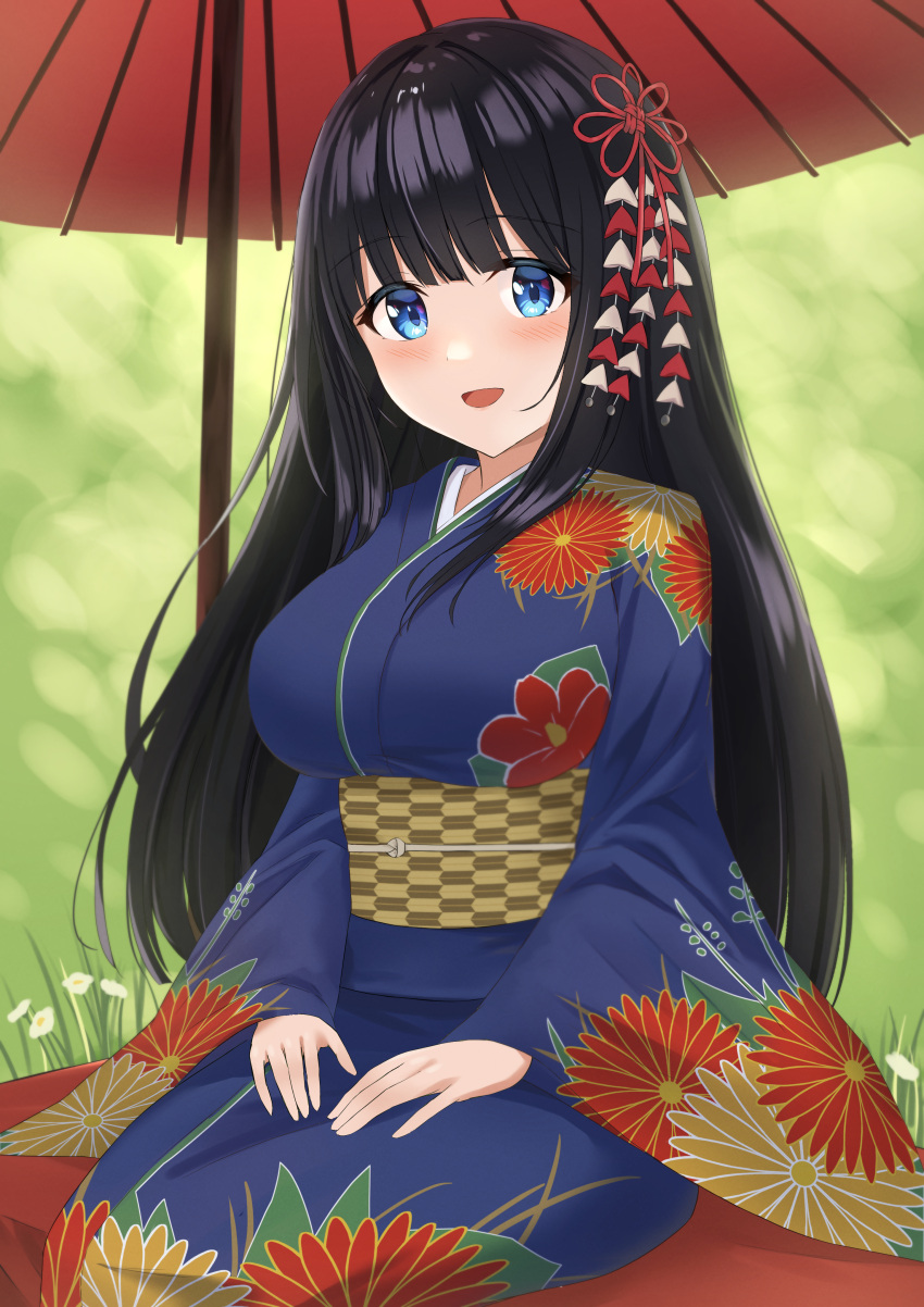 1girl, absurdres, bangs, black_hair, blue_eyes, blue_kimono, blunt_bangs, blush